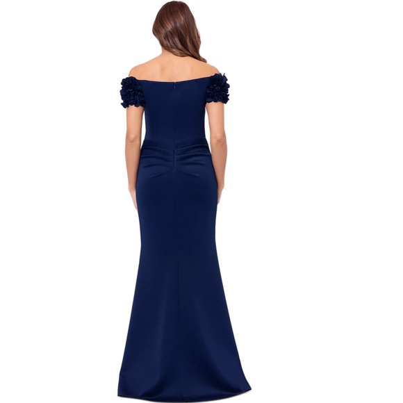 NEW XSCAPE Navy ROSETTE Floral SLEEVE Off The Shoulder RUCHED Scuba Crepe GOWN 6 - Picture 16 of 16